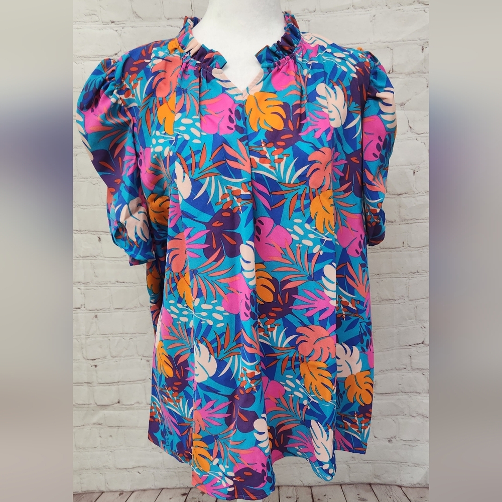 Aqua Tropical Print Frill Notch Neck Puff Sleeve Top